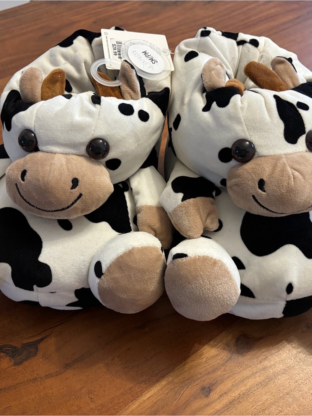 Express Plush Cow Slipper Booties - Black, White & Tan